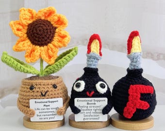 Funny Crochet F-Bomb with Crochet Sunflower,Emotional Support Gift,F-Bomb Crochet Toys,Stress Relief Bomb,Handmade Gift,Office Desk Decor