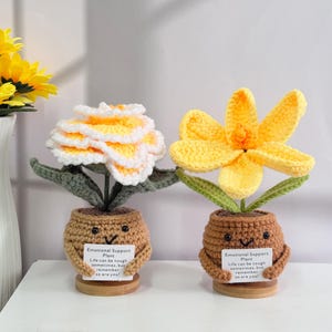Handmade Crochet Yellow Peony and Lily,Crochet Flowers in pot,Emotional Support Plant,Valentine&#39;s Day gift,Housewarming Gift,Home Desk Decor