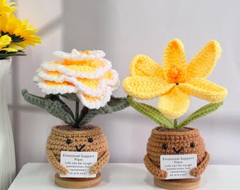 Handmade Crochet Yellow Peony and Lily,Crochet Flowers in pot,Emotional Support Plant,Mother's Day Gift,Housewarming Gift,Home Desk Decor