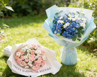 Ramo de flores para el Día de la Madre, ramo de nomeolvides hecho a mano en ganchillo, arreglo floral eterno, regalo para mamá, abuela, tía, esposa, novia.