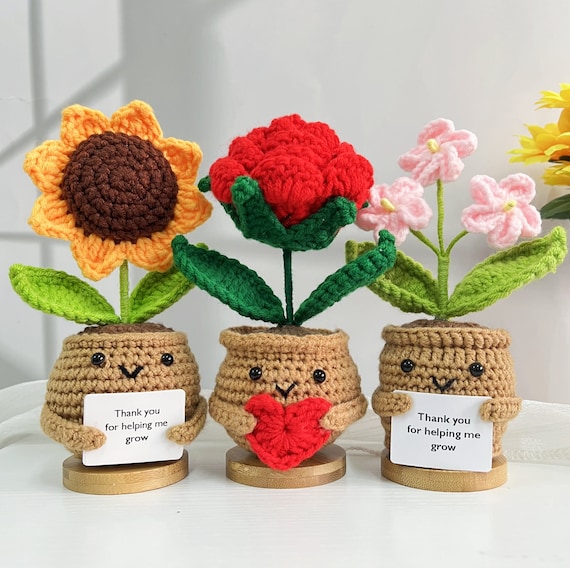 Cute Crochet Sunflower/Rose/Forget-me-not,Hand Knitted Flower,Thank you for helping me grow Quotes,Teacher Appreciation,Mother's Day Gift