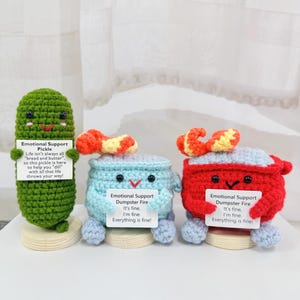 Emotional Support Pickle with Dumpster Fire,Crochet Dumpster Fire,Crochet Pickle,I&#39;m fine everything is fine,Cheer up gift,Funny Desk Decor