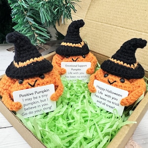 Halloween Pumpkin Gift,Crochet Pumpkin with Witch Hat,Emotional Support Pumpkin,Positive Pumpkin,Halloween Gift,Halloween Funny Desk Decor
