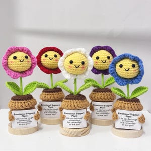 May include: Five crocheted flower pot figurines with smiling faces. Each pot has a small sign that reads "Emotional Support Plant. Life can be tough sometimes, but remember so are you!"