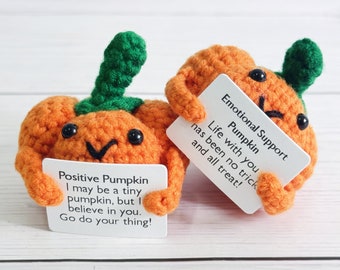 May include: Two crocheted pumpkin plushies holding signs with encouraging messages. The orange pumpkin on the left says "Positive Pumpkin I may be a tiny pumpkin, but I believe in you. Go do your thing!" The orange pumpkin on the right says "Emotional Support Pumpkin Life with you has been no trick and all treat!"