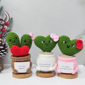Jolie plante en pot en forme de coeur au crochet avec citation positive, succulentes au crochet, plante de soutien émotionnel, cadeau de la Saint-Valentin, décoration de bureau au crochet