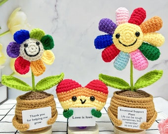 Handmade Adorable Rainbow Smiling Face Sunflower with Rainbow Heart-Love is love-Emotional Support Gift-Gay/Lesbian gift-Cute Desk Decor