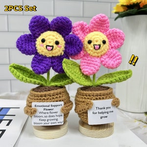 May include: Two crochet flower figurines, one purple and one pink, each with a smiling yellow face and green leaves. They sit in brown crochet pots with wooden bases, each holding a small sign with text.