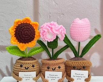 Adorabili fiori all'uncinetto fatti a mano - Girasole/Garofano/Tulipano, Decorazione per la scrivania, Regalo per l'insegnante, Regalo per la festa della mamma per mamma, zia, nonna