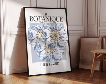 La Botanique Blue Floral Text Abstract Print, Flower Wall Art, Trendy Floral Poster, blue floral print, aesthetic wall art, dorm/apartment