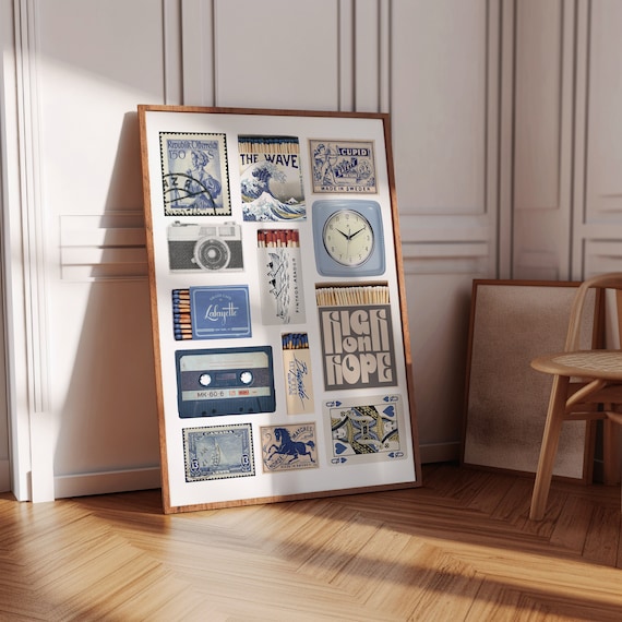 Blue Scheme Retro Objects Print- Trendy Matchbox Poster Blue Aesthetic Prints Unique Wall Art Blue Matchbox Poster Print for dorm, apartment