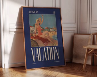Chic European Poster Art Blue Beach Wall Print Coastal Aesthetic Wall Art Blue Vintage Print Trendy Navy Blue Wall Prints Retro Funny Print