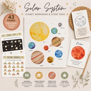 May include: An educational solar system study pack with flashcards, workbooks, and study guides. The image includes illustrations of planets, educational activities, and the text "Solar System Planet Workbook & Study Pack".