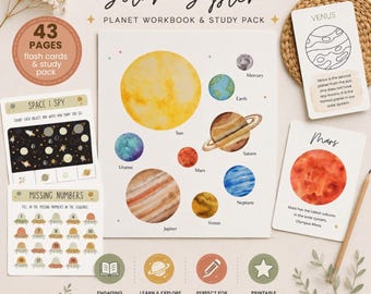 Solar System Planet Space Workbook | Homeschool Printable, Planet Unit Study, Flash Cards, Outer Space, Kindergarten, Montessori, Activity