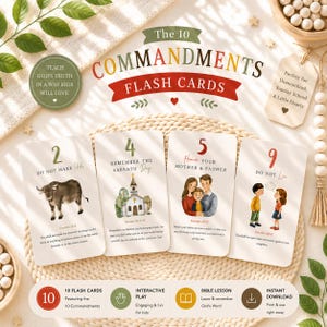 Pode incluir: Conjunto de cartões de memória com os Dez Mandamentos. Cada cartão apresenta um mandamento, um número e uma ilustração. Os cartões são brancos com texto e imagens coloridas. O conjunto inclui cartões com um touro, uma igreja, uma família e crianças.