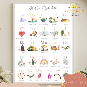 Bibel Alphabet Kinder Kunstwerk Poster ABC Bibel Schrift Vorschulkunst, Jesus christliche Kinder, Kindergarten, Kirche Sonntagsschule Kunst zum Ausdrucken