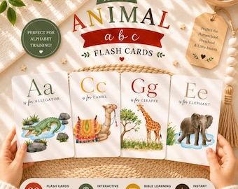 Watercolor Animal Alphabet Flash Cards, Montessori ABC Printable for Kids, Preschool Learning Cards, Digital Download