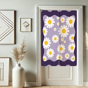 Cortina de puerta japonesa Noren con diseño de margaritas moradas, cortinas de flores para privacidad de ventanas, cortinas de tapices divisores de ambientes para decoración del hogar y la cocina