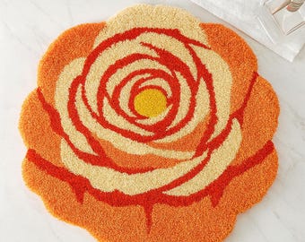 Floral Bath Mat: Tufted Microfiber Flower Rug - Orange, Yellow, Blue