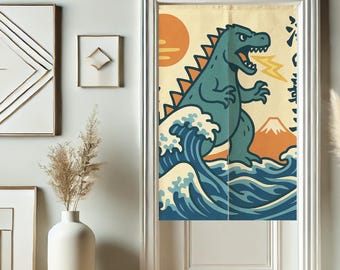 May include: A door curtain featuring a teal dinosaur illustration with orange accents, set against a backdrop of ocean waves, a rising sun, and a mountain. The design is reminiscent of Japanese art.
