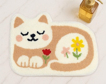 Cat Flower Bath Mat for Bathroom Décor Cute Soft Absorbent Microfiber Bathtub Rug Machine Washable Tufted Floor Carpet for Shower Room
