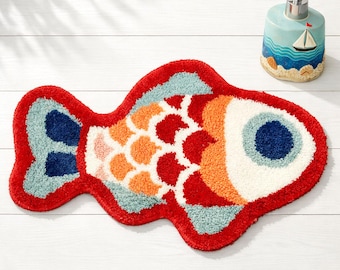 Cute Fish Bath Mat for Bathroom Décor Soft Absorbent Microfiber Bathtub Rug Machine Washable Tufted Floor Carpet for Shower Room