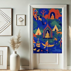 Fun Picnic Noren Japanese Doorway Curtain, Gathering Time Privacy Window Curtain for Room Divider Tapestry Curtains for Kitchen Home Decor