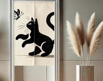 Cortina Noren de gato negro, tapiz para puerta de gatito, separador de ambientes