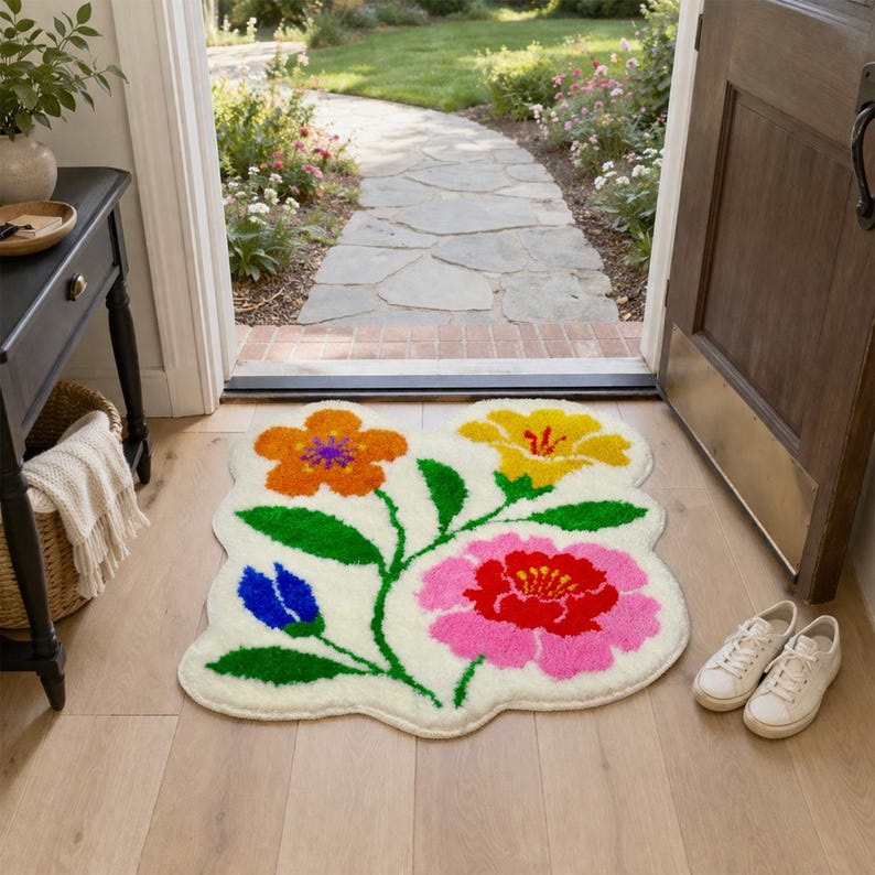 May include: A floral-shaped rug with a cream background and colorful flowers in orange, yellow, pink, and blue. The rug is placed inside a doorway, with white sneakers nearby. The rug's design features green stems and leaves.