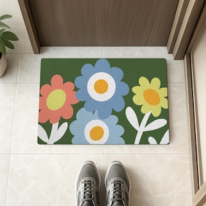 Flowers Welcome Doormat Colorful Floral PVC Indoor & Outdoor Front Door Mat Custom Non-Slip Rug for Entryway Home Decor