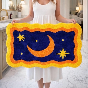 Alfombra de baño con diseño de estrellas y luna, decoración de baño con noche estrellada, suave y absorbente, de microfibra, lavable a máquina.