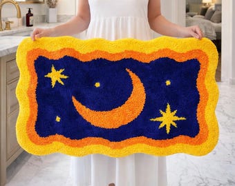 Star Moon Bath Rug Starry Night Bathroom Décor Soft Absorbent Microfiber Floor Mat Machine Washable Carpet