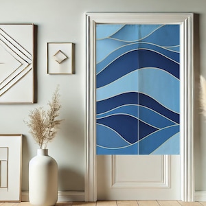 Blue Wave Japanese Door Curtain for Doorway Privacy, Modern Window Curtains, Room Divider Tapestry Curtain for Kitchen Home Decor