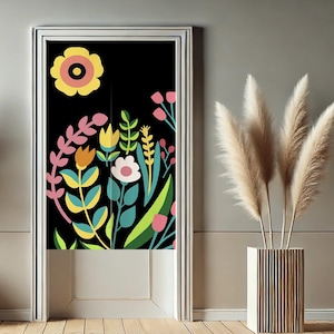 Flowers Noren Japanese Doorway Curtain, Black Privacy Window Curtains for Room Divider Tapestry Curtains for Kitchen Home Decor