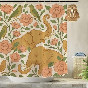 May include: A shower curtain featuring a repeating pattern of elephants, birds, and flowers. The elephants are tan, the birds are green and yellow, and the flowers are peach-colored. The background is off-white, with green leaves and stems.