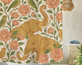 Cortina de ducha con diseño de elefantes y flores, decoración floral para habitación de niños y niñas, juego de cortinas impermeables con 12 ganchos.