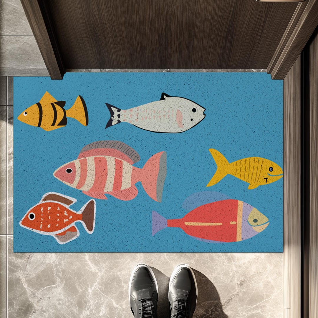 Cute Fish Welcome Doormat Blue PVC Indoor & Outdoor Front Door Mat ...