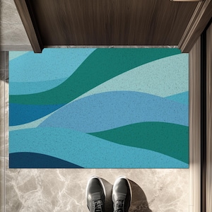 Blue Mountainscape PVC Doormat, Non-Slip Entryway Rug