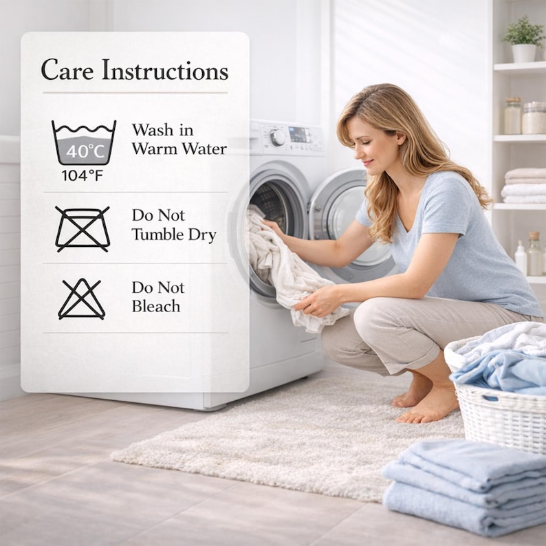 May include: A woman loading a washing machine with laundry. The image includes care instructions: wash in warm water (40&deg;C/104&deg;F), do not tumble dry, and do not bleach. A basket of folded blue towels sits nearby.