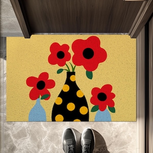 Flowers Vase Welcome Doormat Personalized PVC Mat Indoor & Outdoor Front Door Mat Custom Non-Slip Rug for Entryway Home Decor