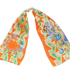 Hand painted silk scarf. Quetzalcoatl, Mayan Aztec art, foulard femme, silk scarf women, silk hair scarf, long silk scarf, silk neck scarf