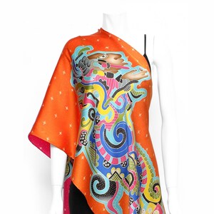 Hand painted silk scarf. Mayan art vision serpent, Aztec art, textile wall art, silk neck scarf, foulard femme, pure silk scarf