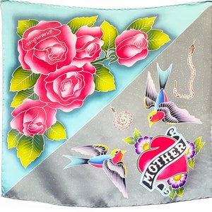 One-of-a-kind batik hand painted silk scarf with tattoo roses. Square silk neck scarf, silk bandana, unique gift for mother, gift for wife