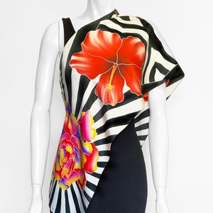 Batik hand painted silk scarf with four large flowers with black and white stripes. Rose, Hibiscus, Daisy and Peonies. Long pure silk scarf