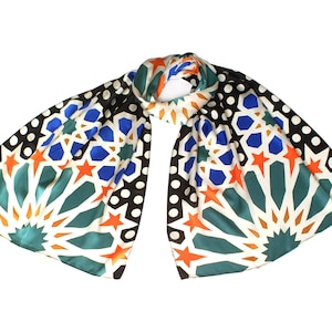 Hand painted silk scarf. Spanish Granada, Alhambra, moorish, flamenco, fabric wall hanging, long silk scarf, silk neck scarf, foulard femme