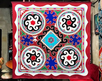 Red hand painted silk scarf with tribal design. Large square pure silk scarf for man or women. Textile wall hanging