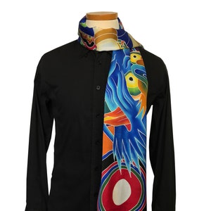 Mens hand pained silk scarf with Japanese Dragon and Geisha image. One-of-a-kind silk scarf for man, long silk neck scarf, gift for him