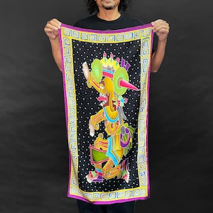 Batik hand painted silk scarf with Mexican Aztec art of warrior. Silk neck scarf with a black background. Great gift for husband and wife.