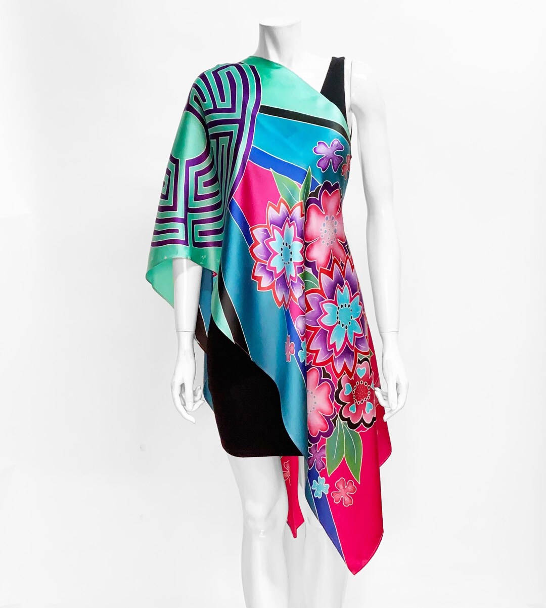 Labyrinth and Cherry Blossom Hand Painted Silk Scarf. Women Mod Scarf ...