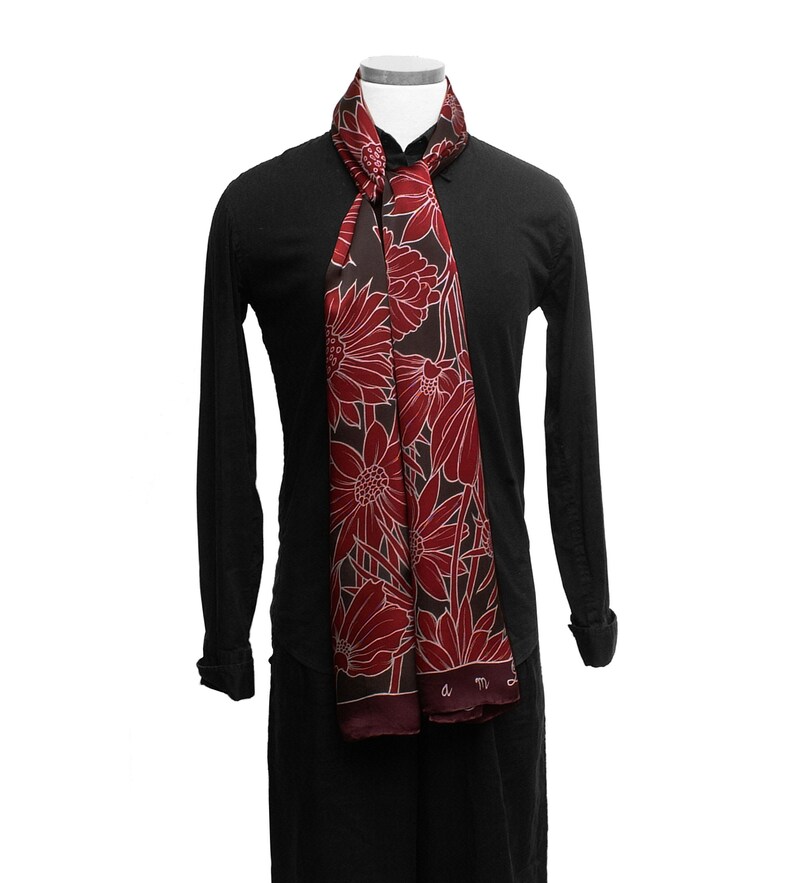 Hand painted silk scarf with burgundy flowers. Floral mens Etsy